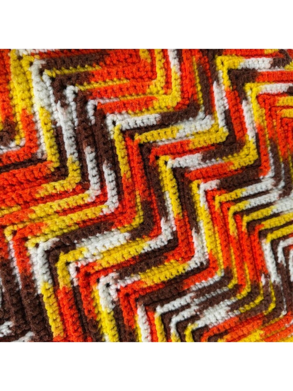 VTG Handmade Crochet Chevron Afghan Blanket Orange Yellow Brown White 33" x 66"